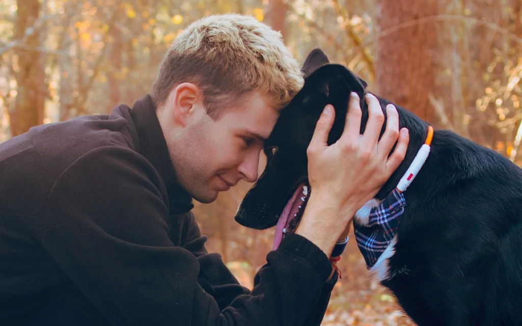 A man presses his forehead against the forehead of a black dog in a sunlit forest.